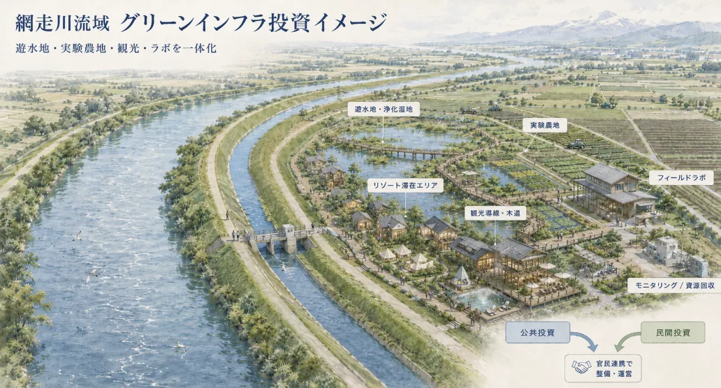遊水地・実験農地・観光・ラボを一体化する投資イメージ